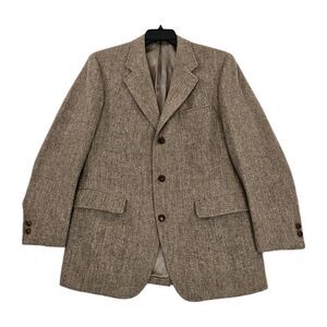 Vtg Harris Tweed Blazer Mens 42 Med Brown Herringbone Wool Jacket Unstructured